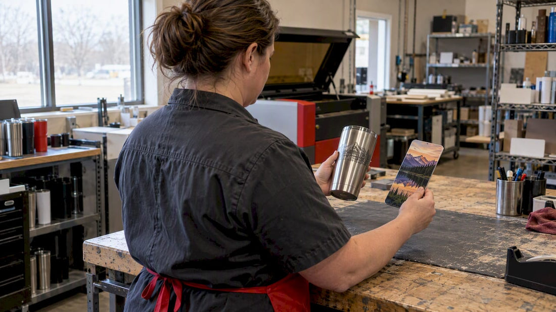 Shop owner comparing engraved and printed samples