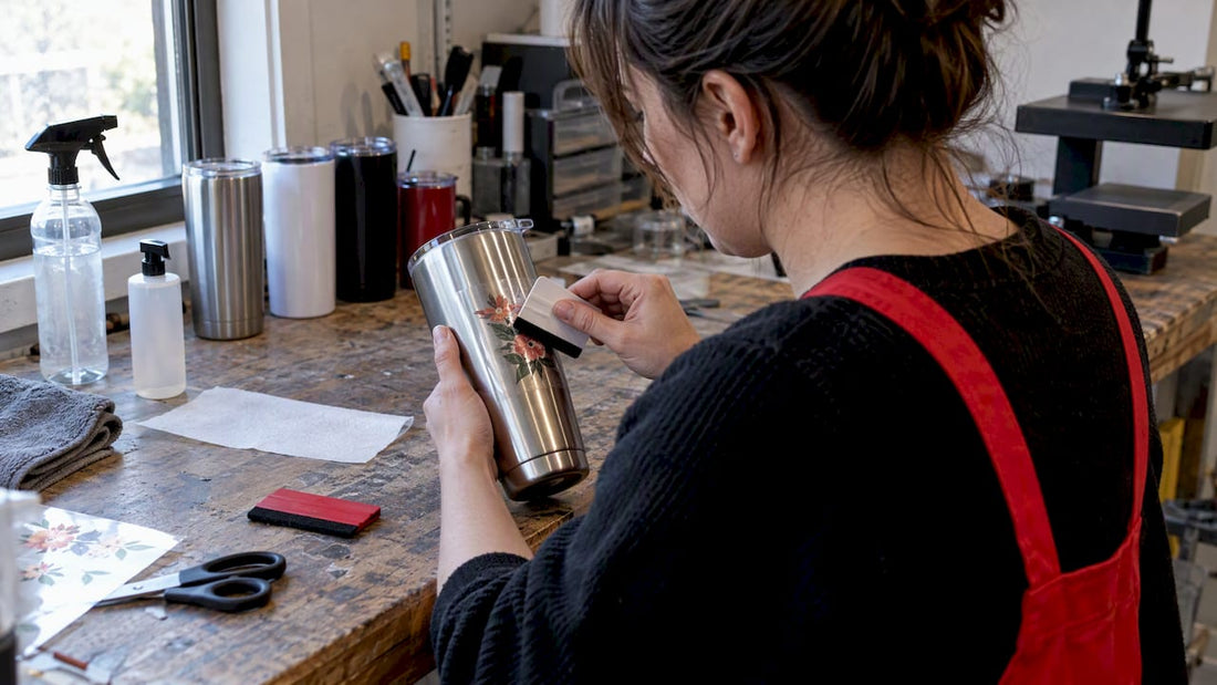 Applying UV DTF decal to stainless tumbler