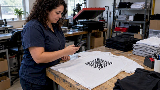 Owner scanning QR code on custom shirt