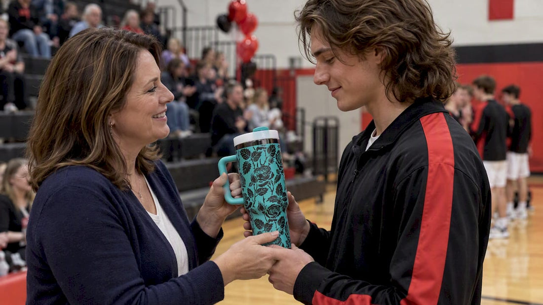 Parent presenting personalized tumbler to senior athlete