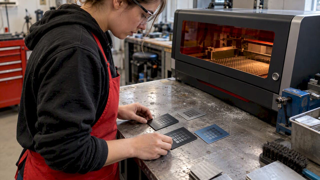 Technician inspecting anodized aluminum test coupons