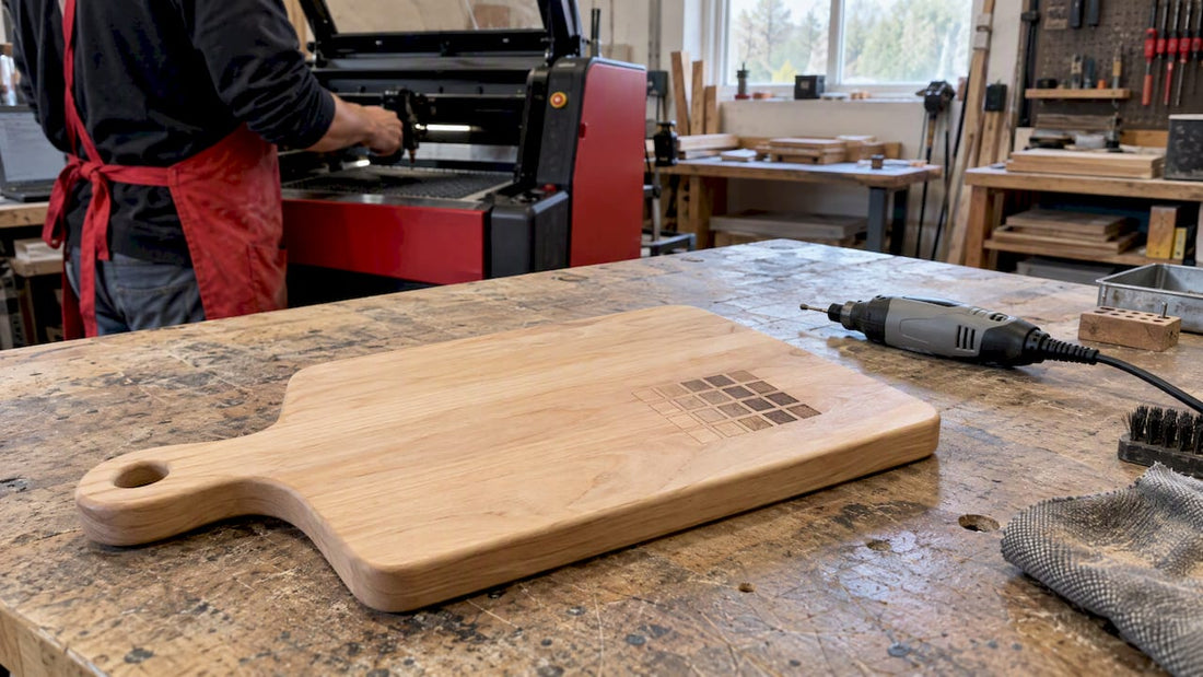 Maple cutting board with an engraved test grid