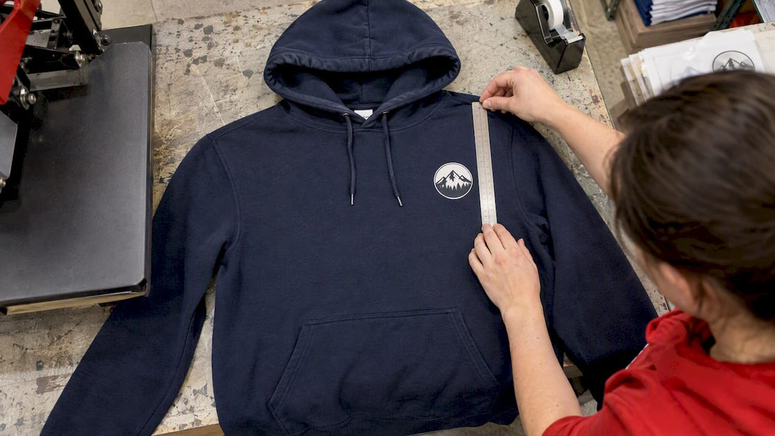 Measuring logo placement on a navy hoodie