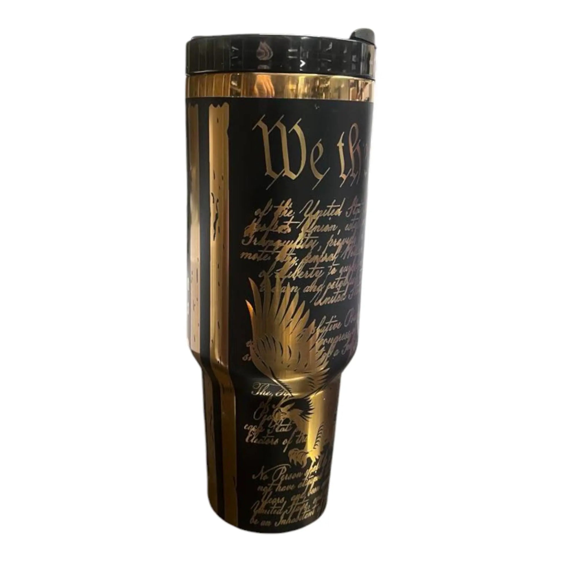 Patriotic 40oz Laser-Engraved Black Tumbler – American Flag & Constitution Design – Customizable USA-Themed Gift Handmadeohio
