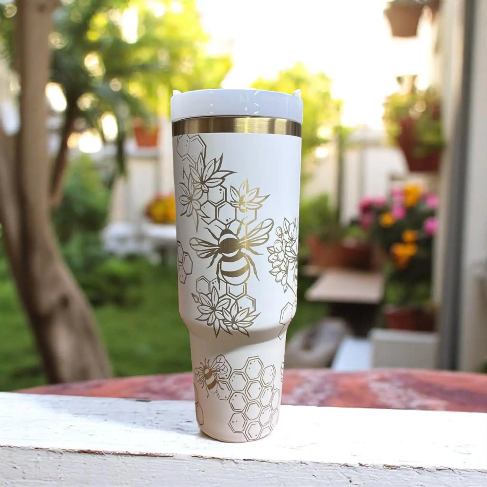 Cream 40oz Tumbler: Gold Bee Laser Engraved Insulated Drinkware Handmadeohio