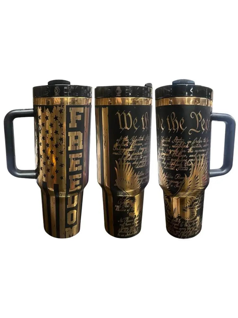 Patriotic 40oz Laser-Engraved Black Tumbler – American Flag & Constitution Design – Customizable USA-Themed Gift Handmadeohio