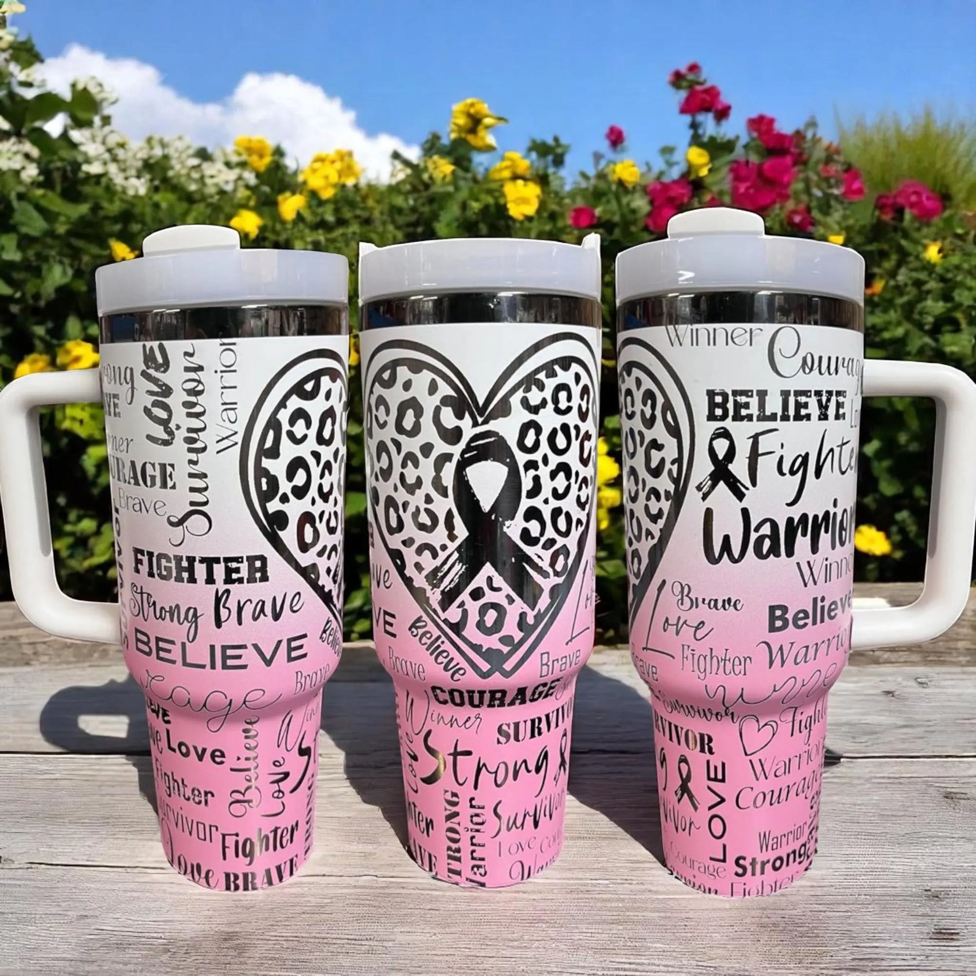 Breast Cancer Survivor Tumbler 40oz: Pink Ribbon Insulated Stainless Steel Travel Mug Handmadeohio