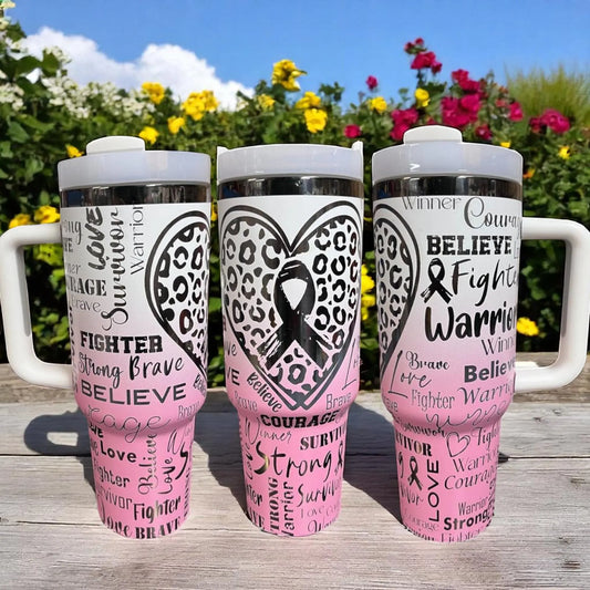 Breast Cancer Survivor Tumbler 40oz: Pink Ribbon Insulated Stainless Steel Travel Mug Handmadeohio