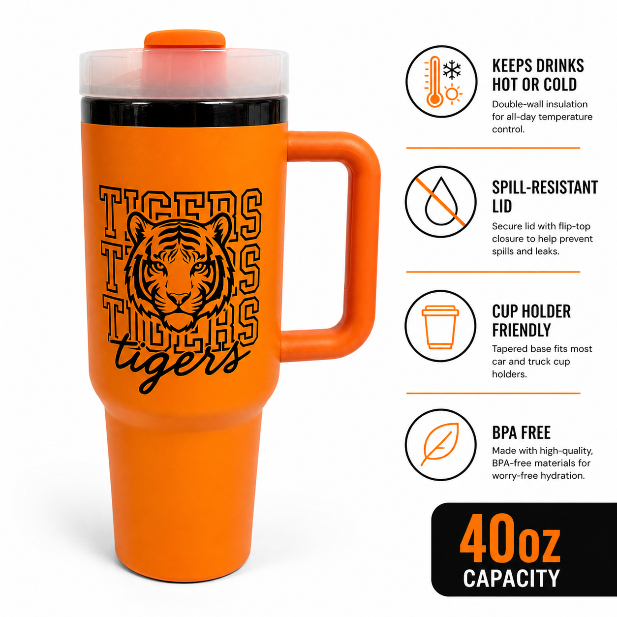 40oz Tigers Insulated Tumbler with Handle – Hot & Cold Travel Mug