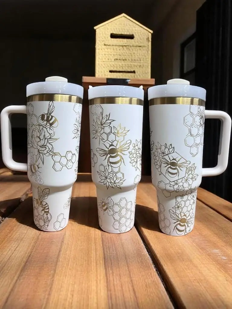 Cream 40oz Tumbler: Gold Bee Laser Engraved Insulated Drinkware Handmadeohio