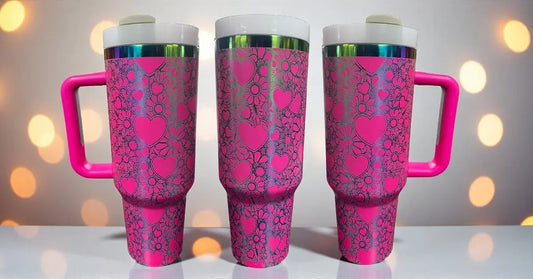 Pink Heart & Floral Laser-Engraved 40oz Tumbler with Handle - Handmadeohio