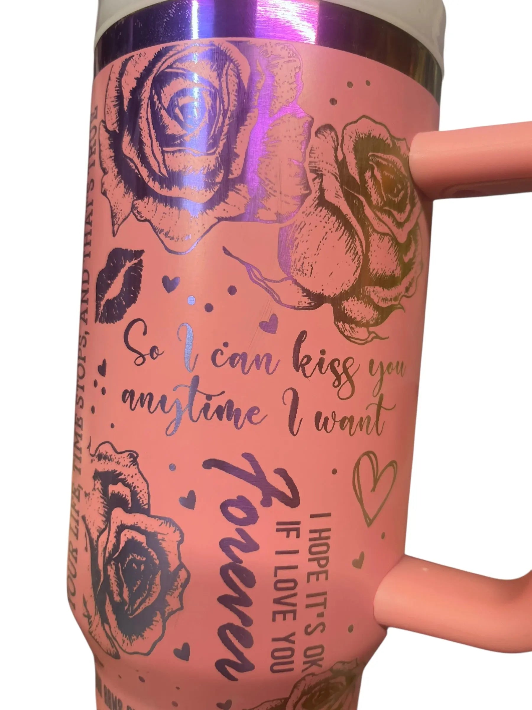 40oz Pink Floral Love Quote Tumbler with Handle Handmadeohio