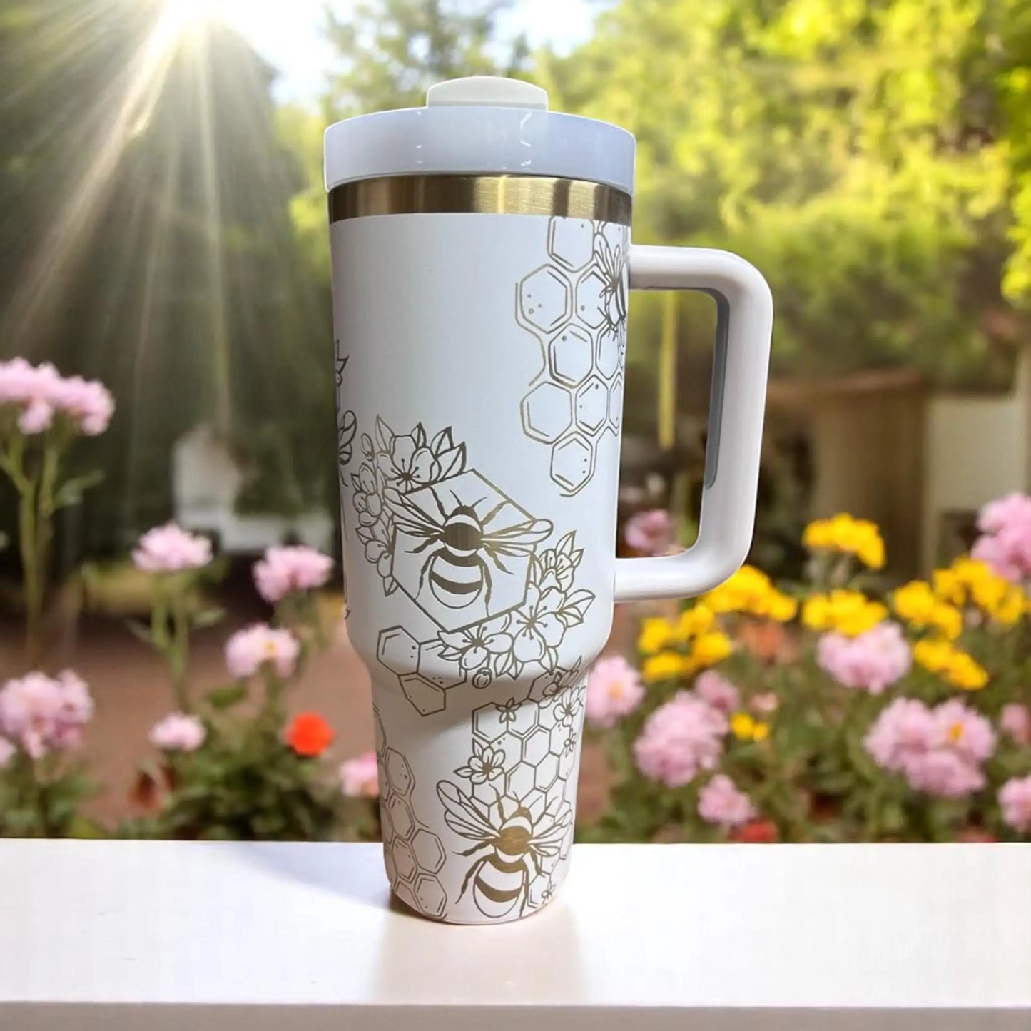 Cream 40oz Tumbler: Gold Bee Laser Engraved Insulated Drinkware Handmadeohio