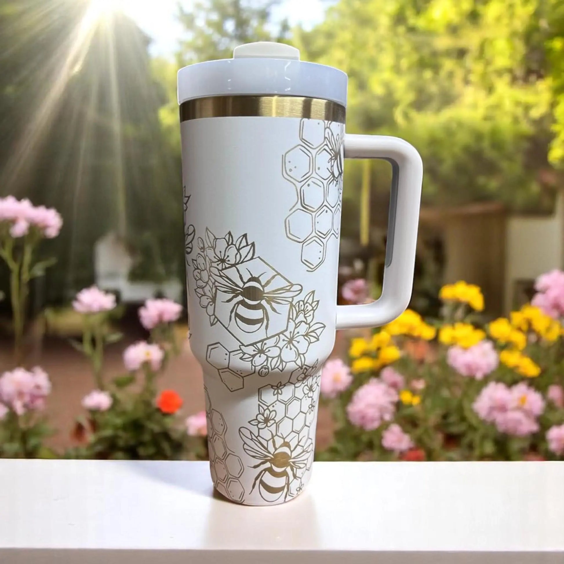 Cream 40oz Tumbler: Gold Bee Laser Engraved Insulated Drinkware Handmadeohio