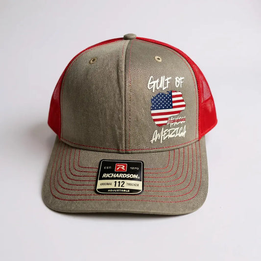 Richardson 112 Trucker Hat – Gulf of America Patriotic USA Flag Patch Cap | Red & Khaki Mesh Back Adjustable Handmadeohio