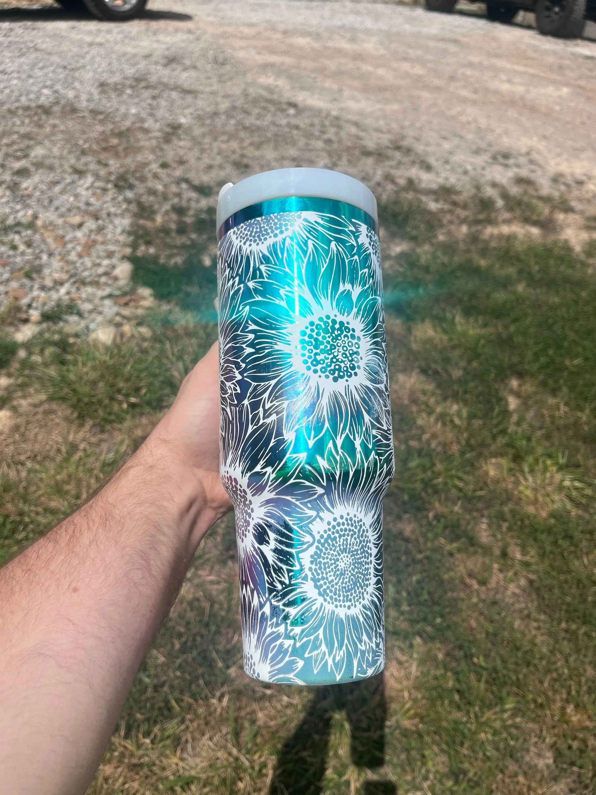 Rainbow Mirror Sunflower Tumbler - Laser Engraved 40oz Handmadeohio