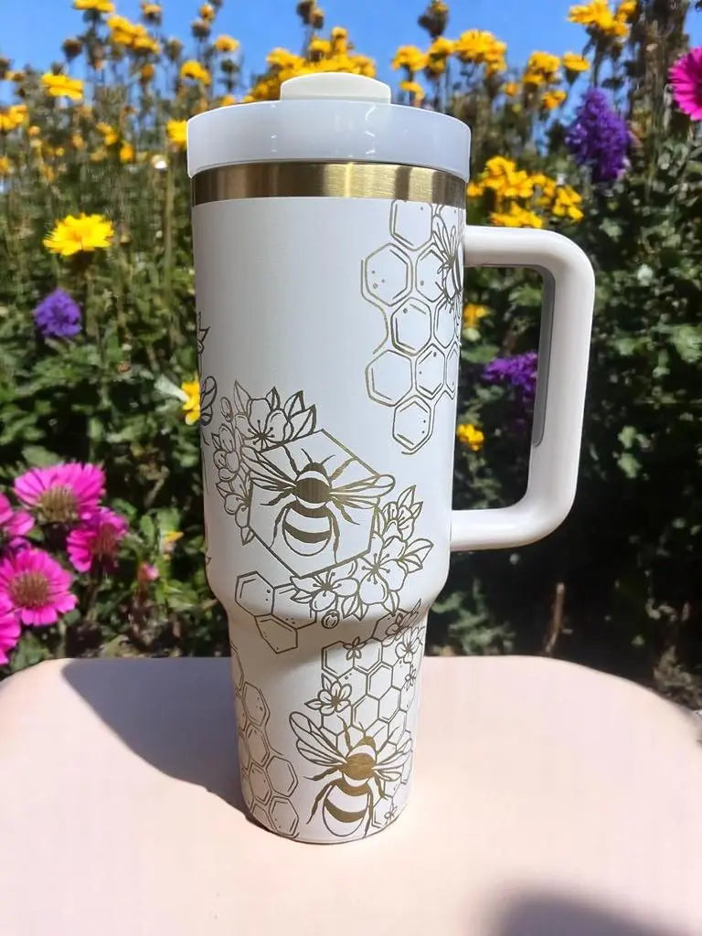 Cream 40oz Tumbler: Gold Bee Laser Engraved Insulated Drinkware Handmadeohio