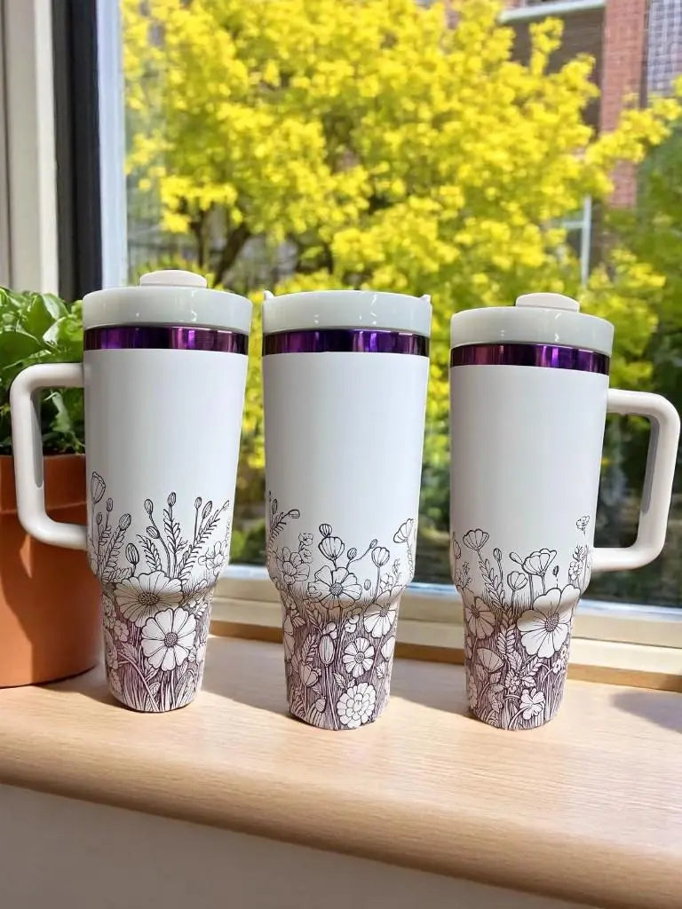 Floral 40oz Tumbler: White Insulated Cup with Purple Flowers Handmadeohio