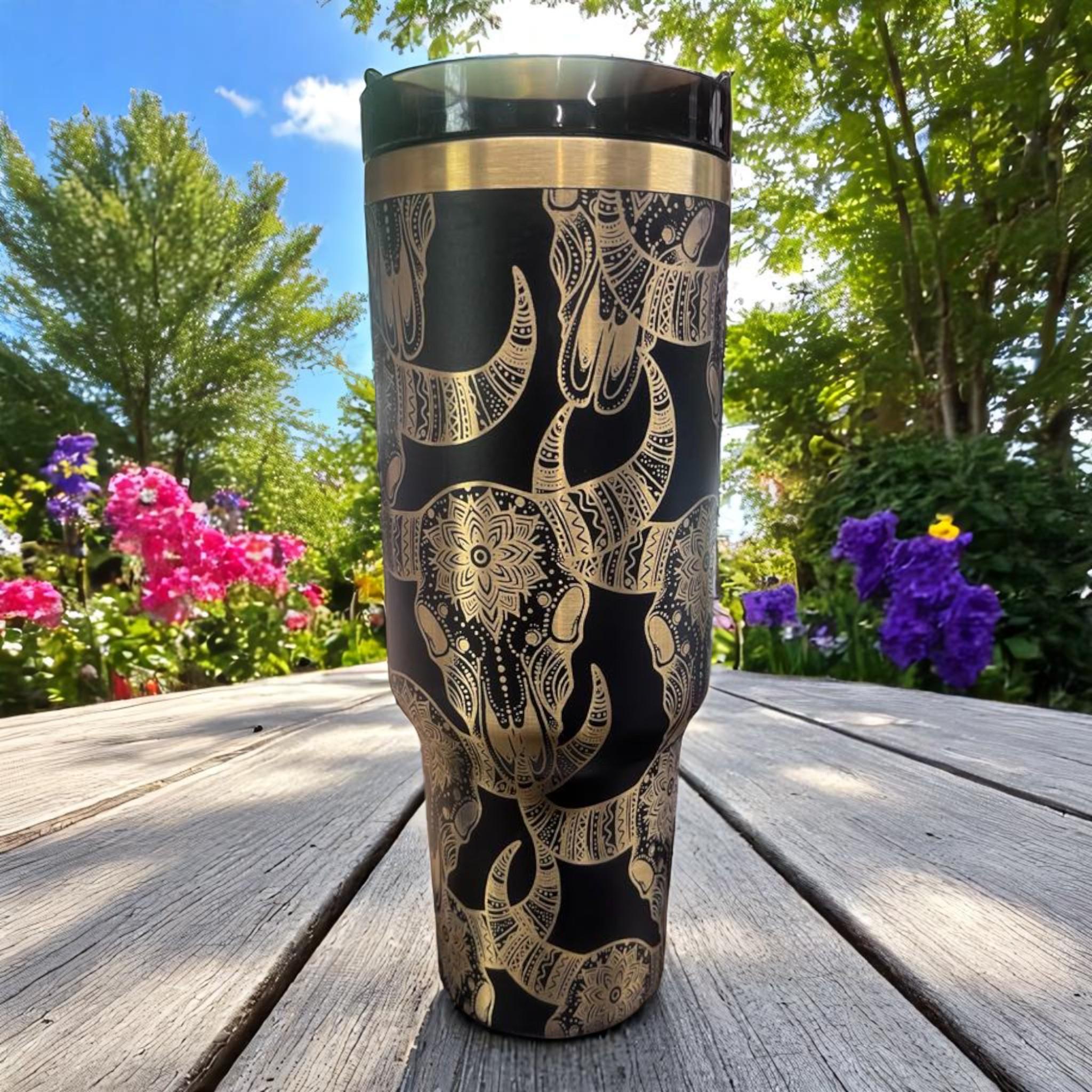 Engraved Gold Longhorn Skull Tumbler: Black Insulated 40oz Western Drinkware