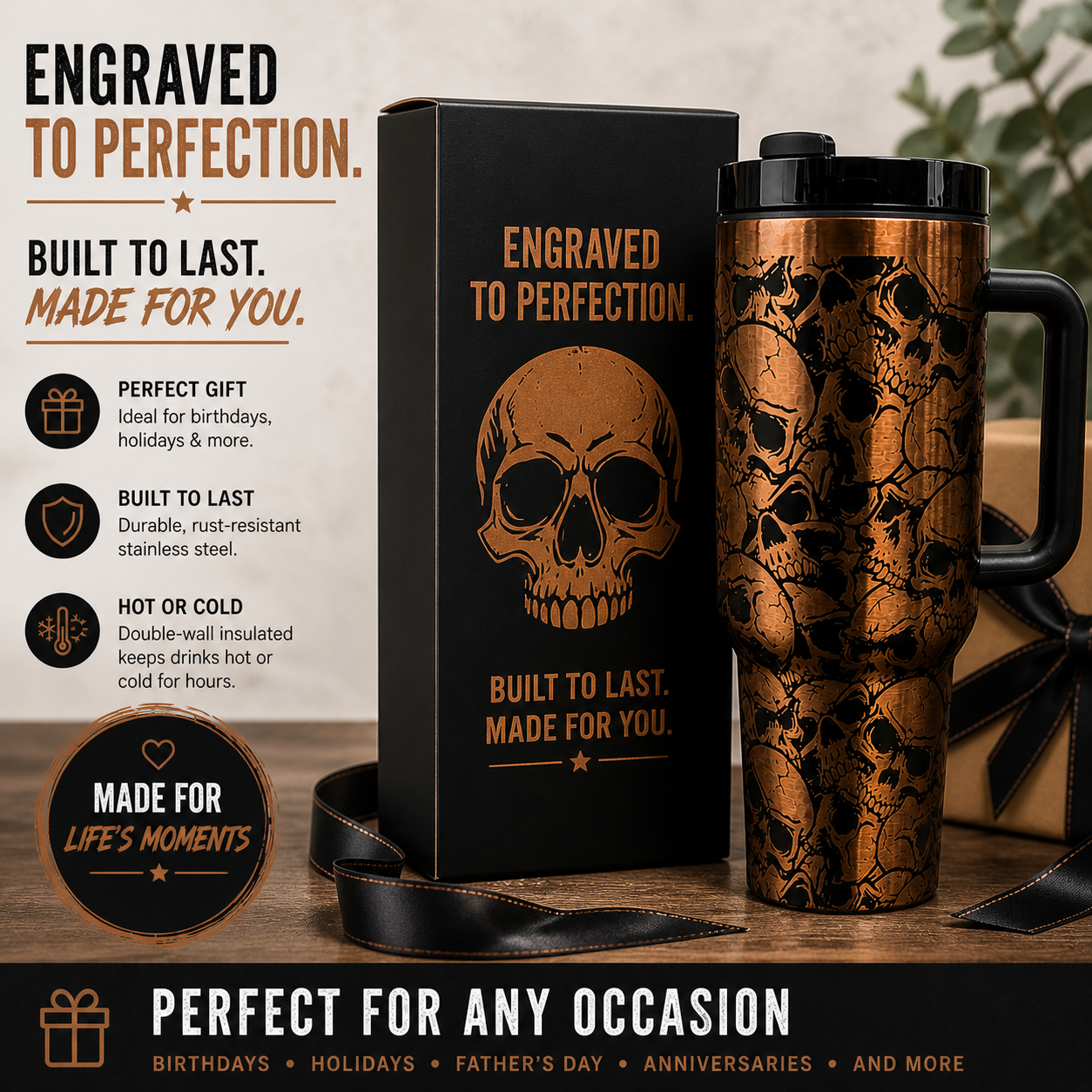 Skull Engraved 40oz Tumbler – Laser Engraved Stainless Steel Travel Mug with Handle