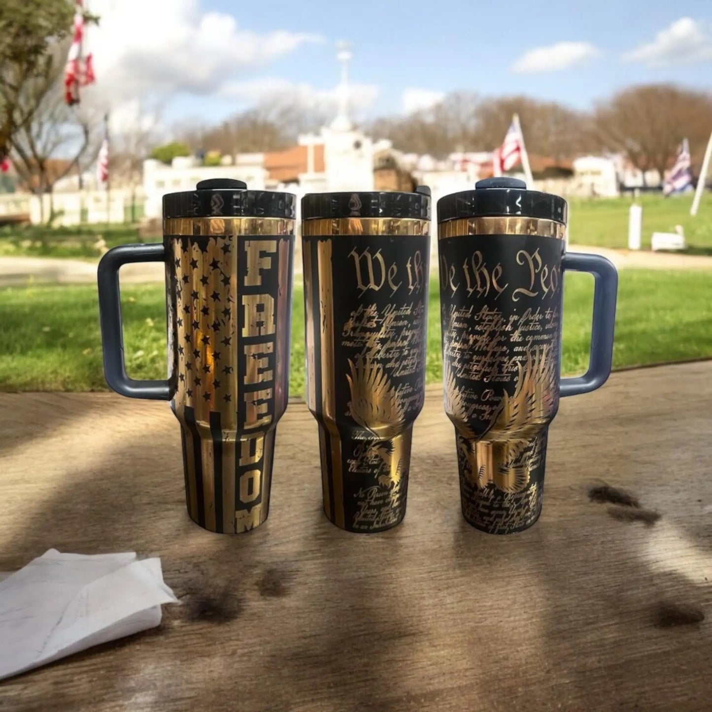Patriotic 40oz Laser-Engraved Black Tumbler – American Flag & Constitution Design – Customizable USA-Themed Gift Handmadeohio