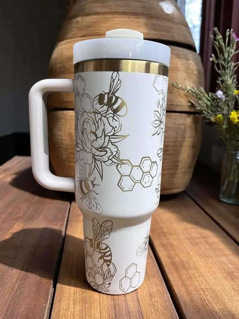 Cream 40oz Tumbler: Gold Bee Laser Engraved Insulated Drinkware Handmadeohio
