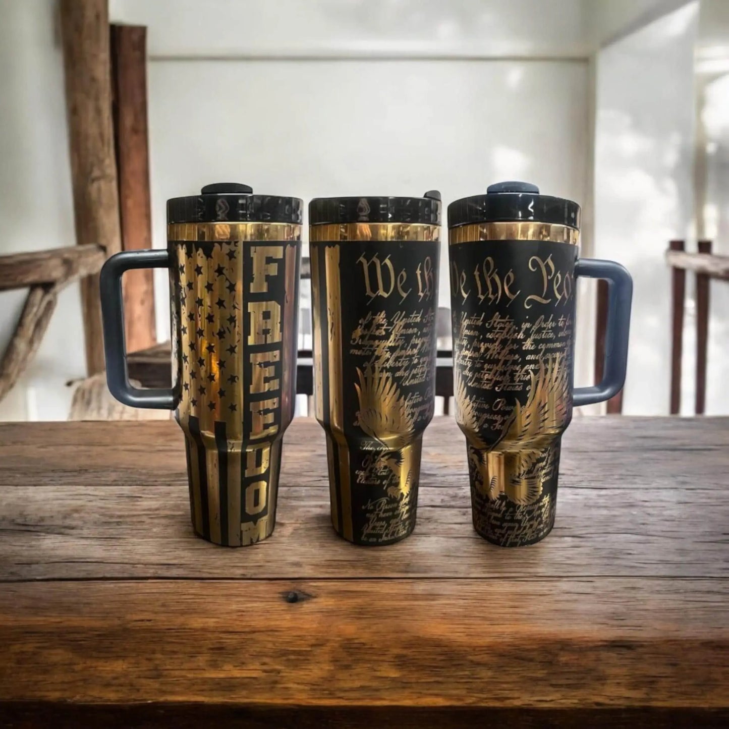 Patriotic 40oz Laser-Engraved Black Tumbler – American Flag & Constitution Design – Customizable USA-Themed Gift Handmadeohio