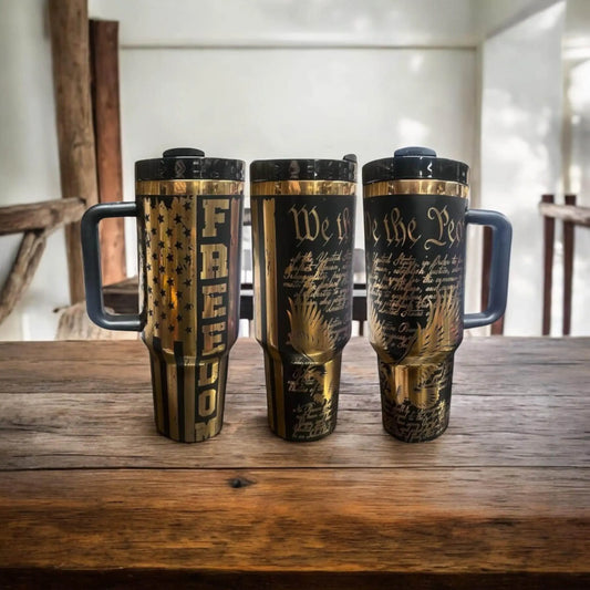 Patriotic 40oz Laser-Engraved Black Tumbler – American Flag & Constitution Design – Customizable USA-Themed Gift Handmadeohio