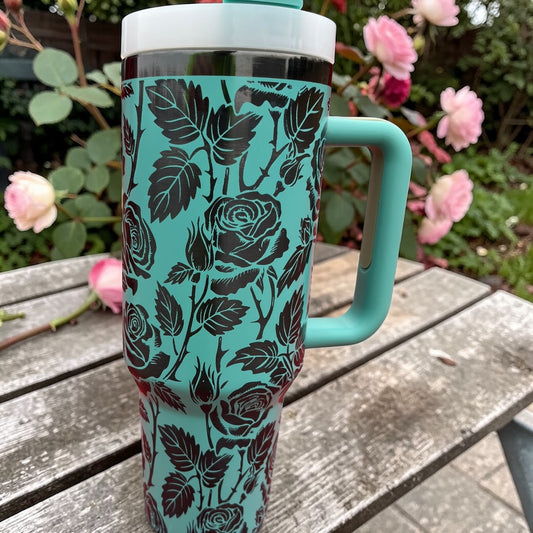 Teal Rose Tumbler: Black Engraved Stainless Steel 40oz Cup