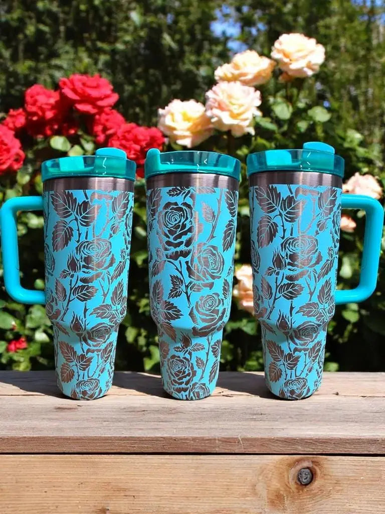 Teal Rose Tumbler: Gold Engraved Stainless Steel 40oz Cup Handmadeohio