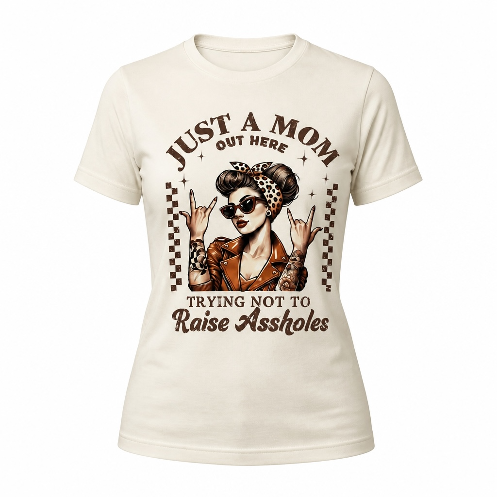 Funny “Just a Mom Out Here Trying Not to Raise Assholes” retro rockabilly graphic t-shirt featuring a tattooed mom wearing sunglasses, a leopard print headband, and a leather jacket.