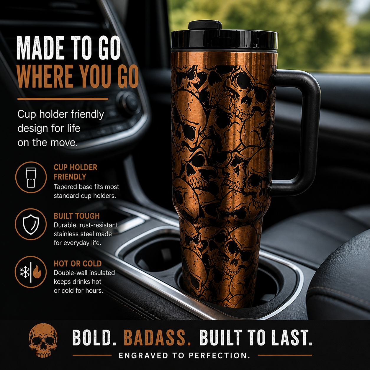 Skull Engraved 40oz Tumbler – Laser Engraved Stainless Steel Travel Mug with Handle