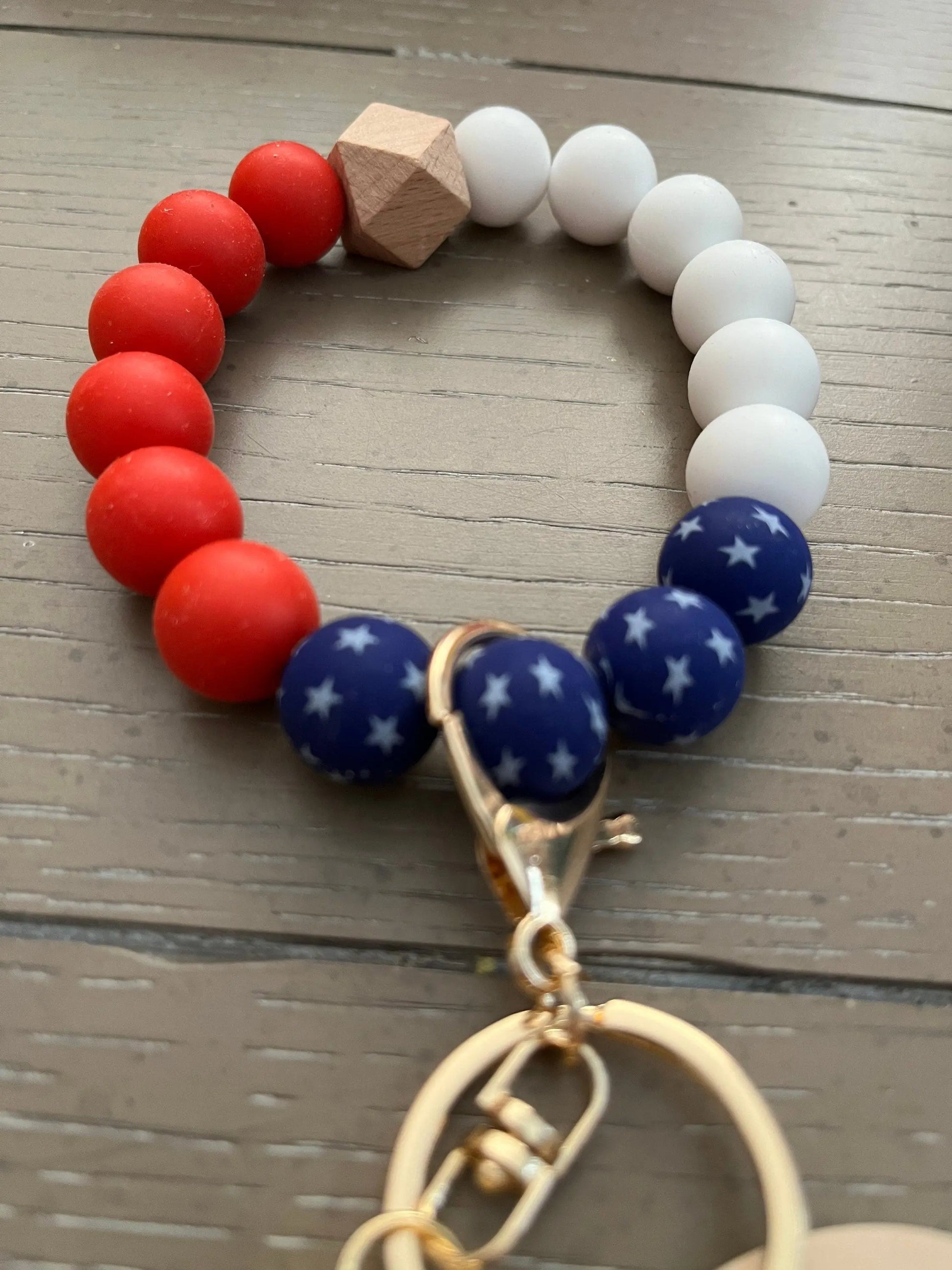 American Flag Beaded Bracelet Keychain: Engraved Wood Disk & Tassel Handmadeohio