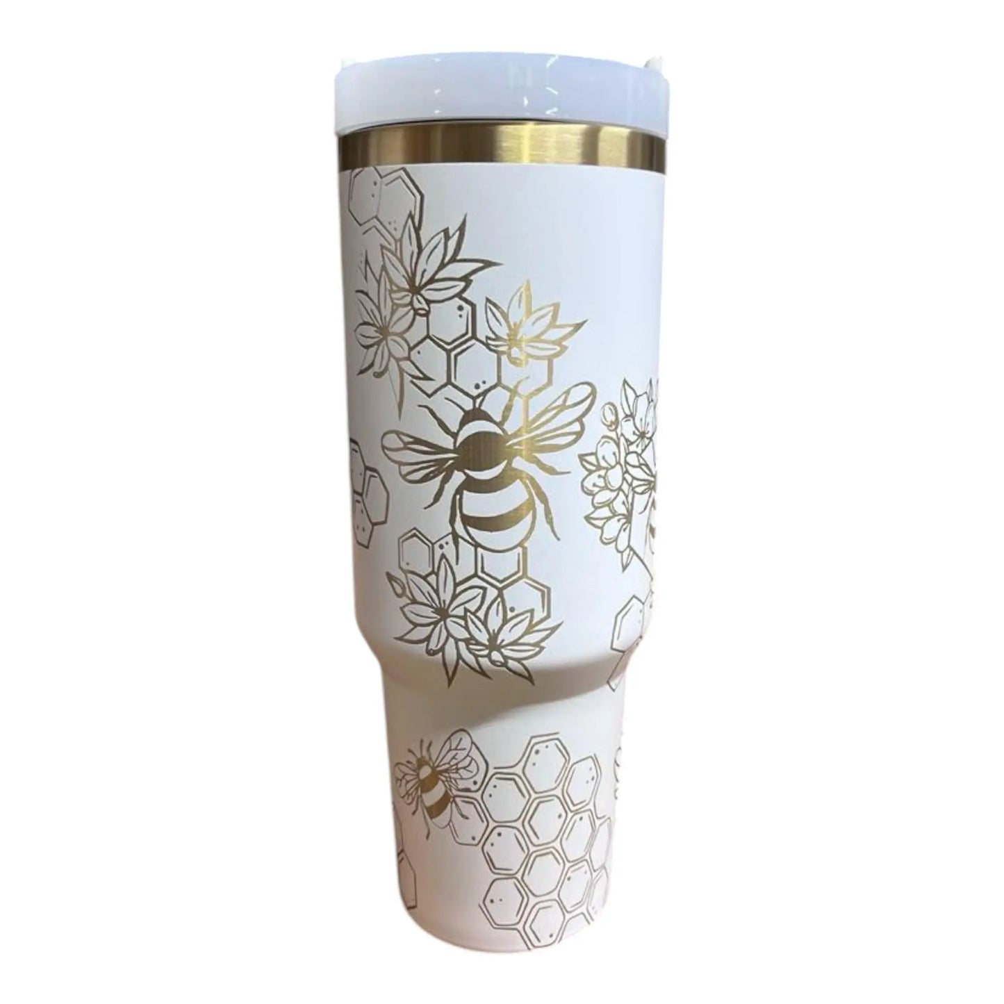 Cream 40oz Tumbler: Gold Bee Laser Engraved Insulated Drinkware Handmadeohio