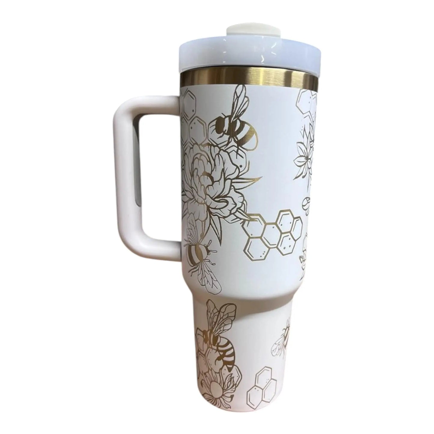 Cream 40oz Tumbler: Gold Bee Laser Engraved Insulated Drinkware Handmadeohio