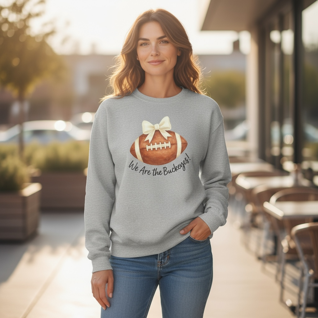 We Are the Buckeyes” Football Bow Crewneck Sweatshirt – Game Day Pullover in Multiple Colors