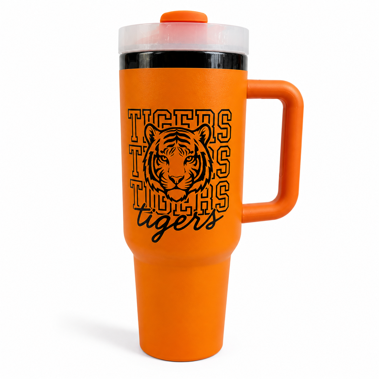 Orange travel mug with tiger design and 'Tigers' text on a white background