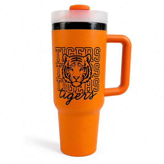Orange travel mug with tiger design and 'Tigers' text on a white background