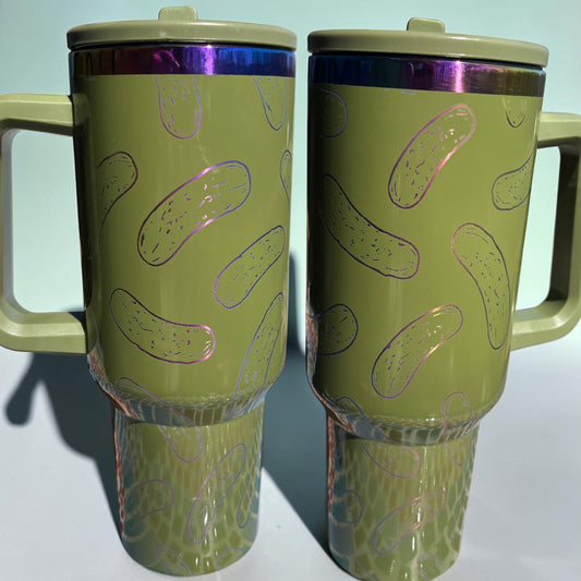40oz spill proof tumbler with handle featuring rainbow pickle pattern design