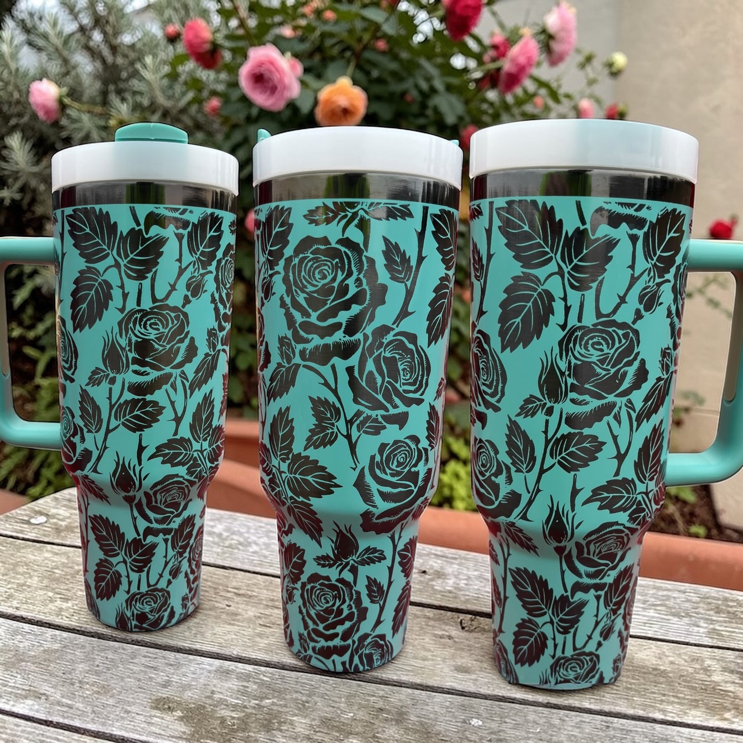 Teal Rose Tumbler: Black Engraved Stainless Steel 40oz Cup