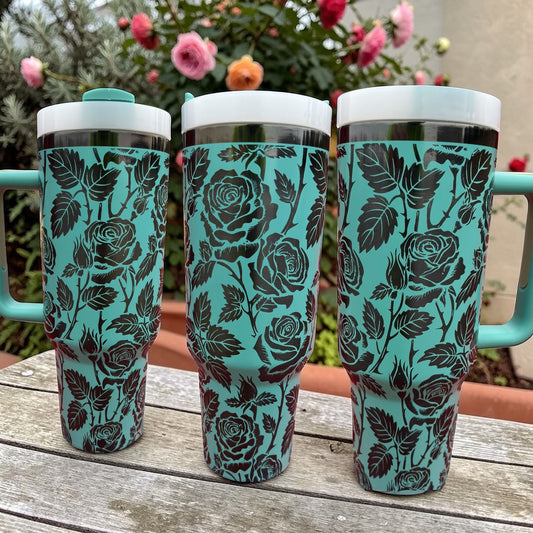 Teal Rose Tumbler: Black Engraved Stainless Steel 40oz Cup