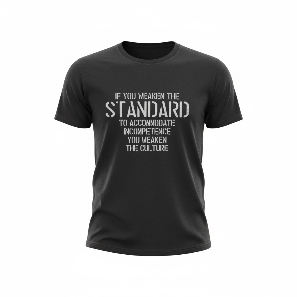 Black t-shirt with white text on a white background