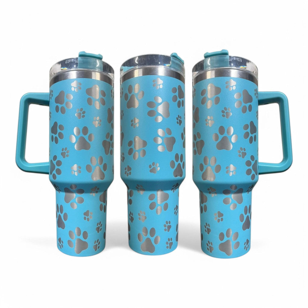 40oz Blue Tumbler - Laser-Etched Paw Print Design | Pet Lover Gift