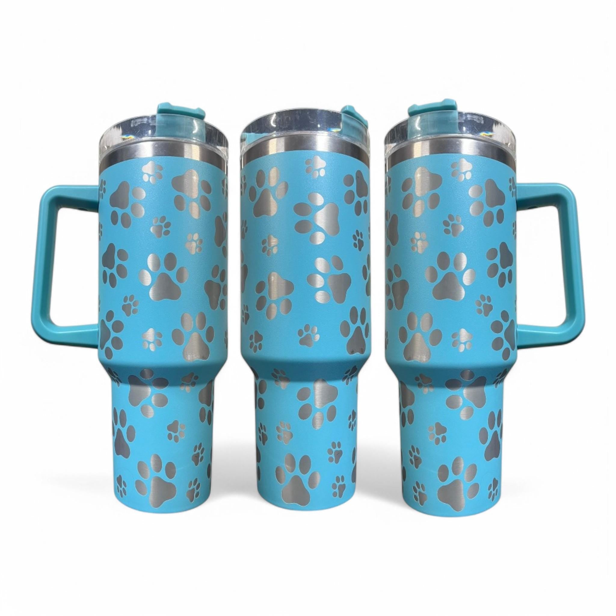 40oz Blue Tumbler - Laser-Etched Paw Print Design | Pet Lover Gift