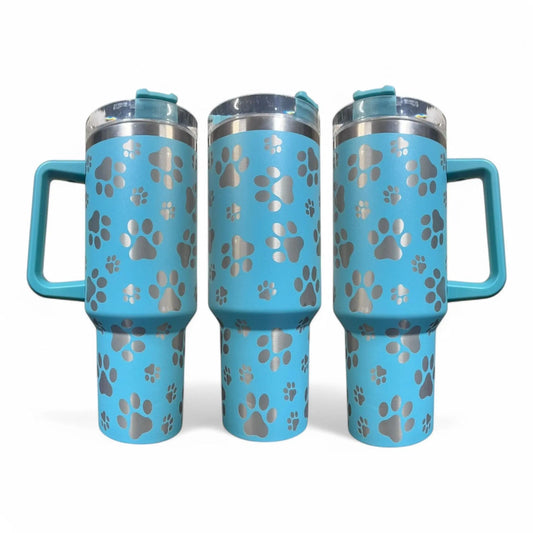 40oz Blue Tumbler - Laser-Etched Paw Print Design | Pet Lover Gift Handmadeohio