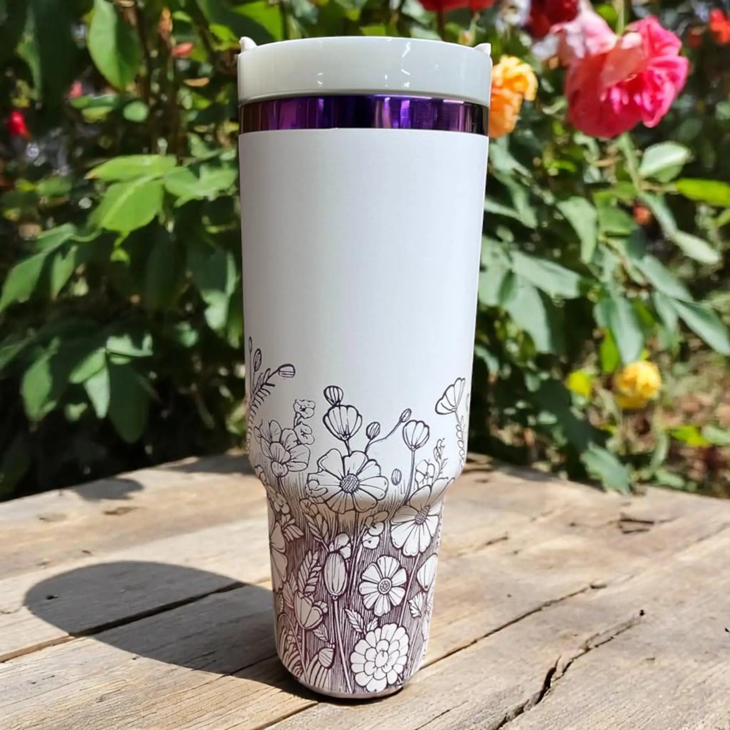 Floral 40oz Tumbler: White Insulated Cup with Purple Flowers Handmadeohio