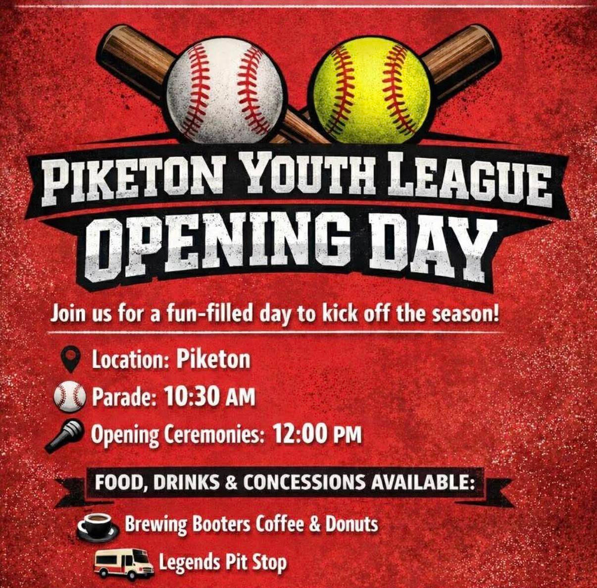 Promotional poster for Piketon Youth League Opening Day with baseball and softball graphics.