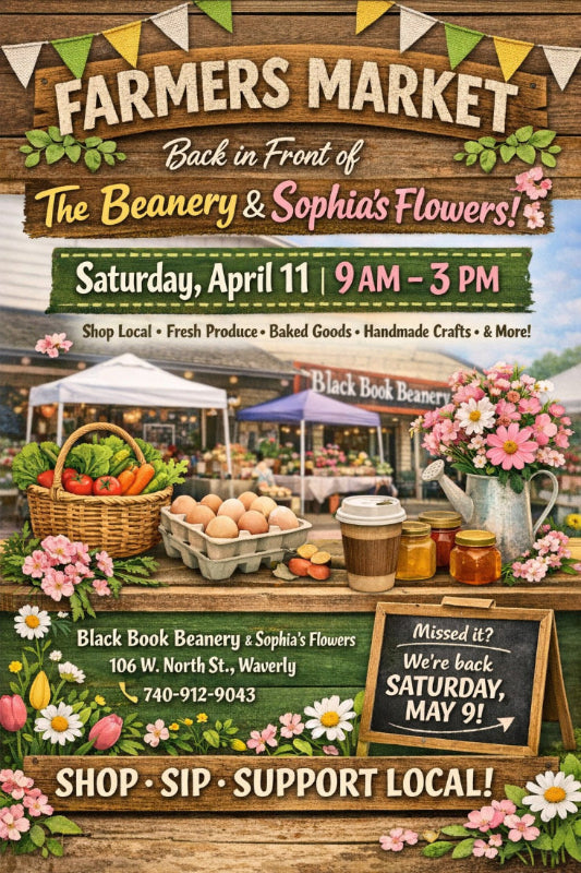 Promotional poster for a farmers market event with market scene and text.