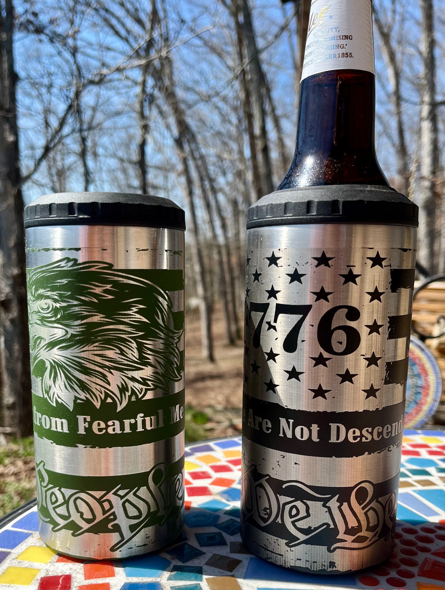 4-in-1 Can Cooler Tumbler with Bottle Opener – Laser Engraved Eagle Design – Insulated Beer & Beverage Holder