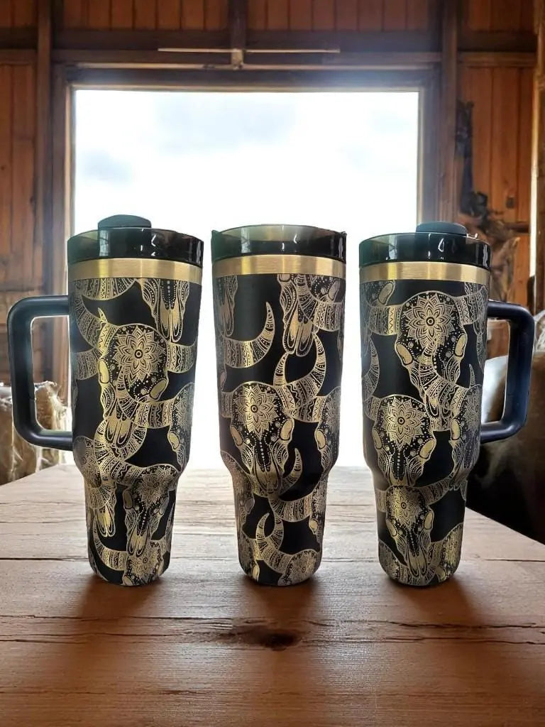 Engraved Gold Longhorn Skull Tumbler: Black Insulated 40oz Western Drinkware Handmadeohio